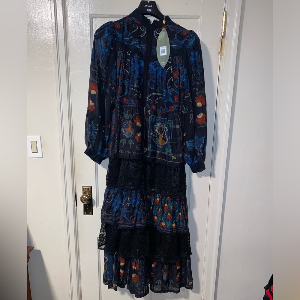 NWT FARM Rio Long Sleeve Arabesque Scarves Navy Blue Maxi Dress Sz XL - Picture 5 of 9